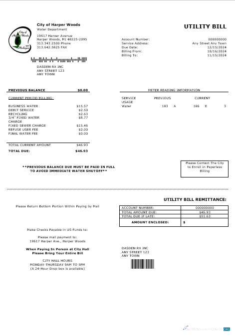Download USA CITY OF HARPER WOODS business utility bill Word and PDF template Photoshop template